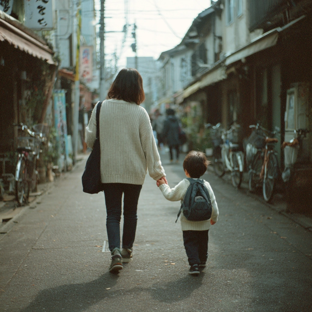 手をつなぎ歩く親子の後ろ姿
