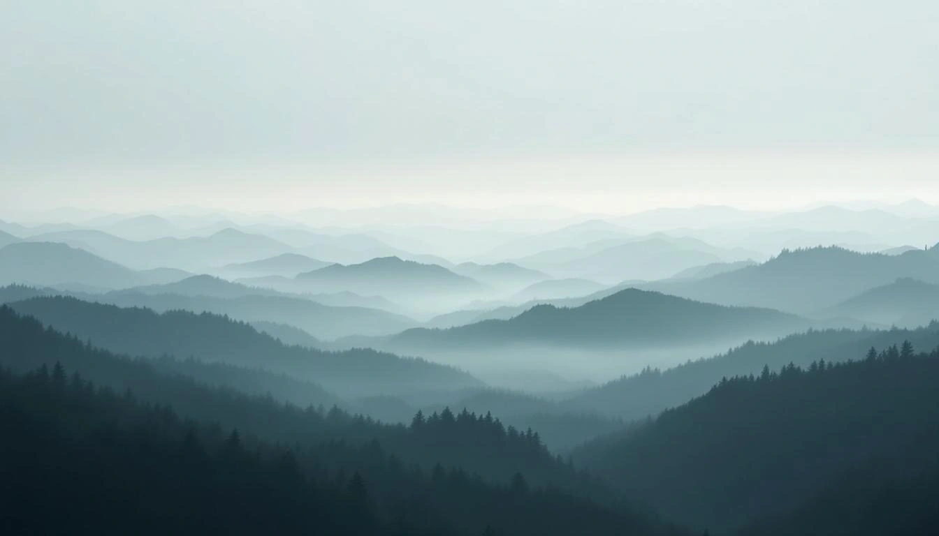 霧に包まれた山脈と朝の柔らかな光（横長・背景素材）