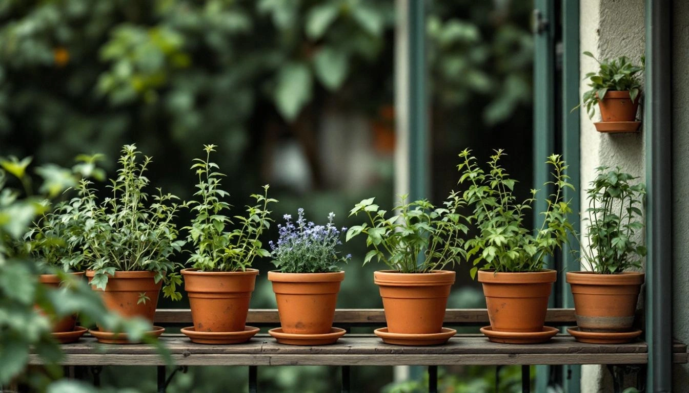 バルコニーのハーブ鉢植えコレクション（引き画）