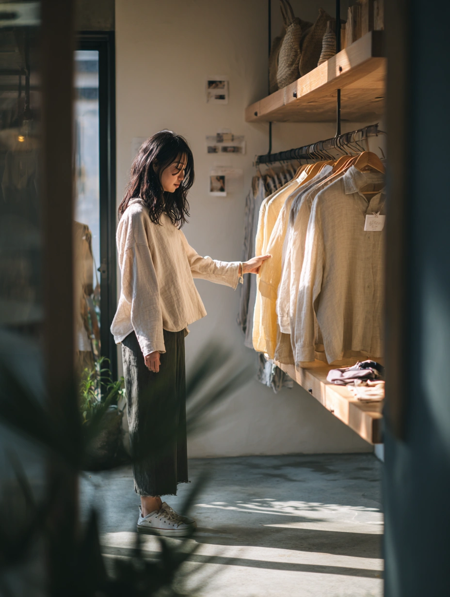 ブティックで洋服を見る女性（全身）