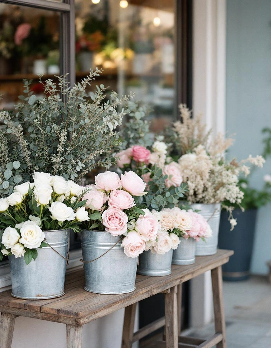 花屋の店先（バケツに入った花束）