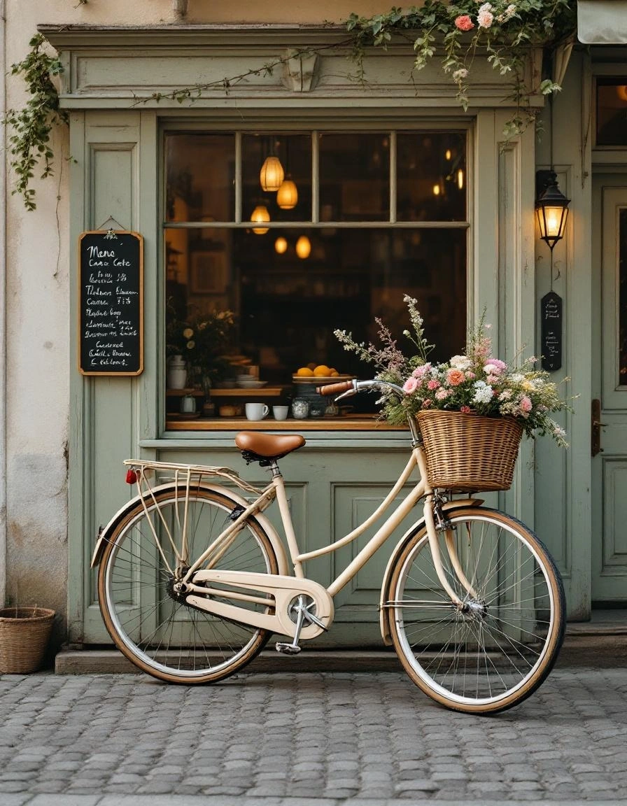 花かご付きの自転車（カフェの前）