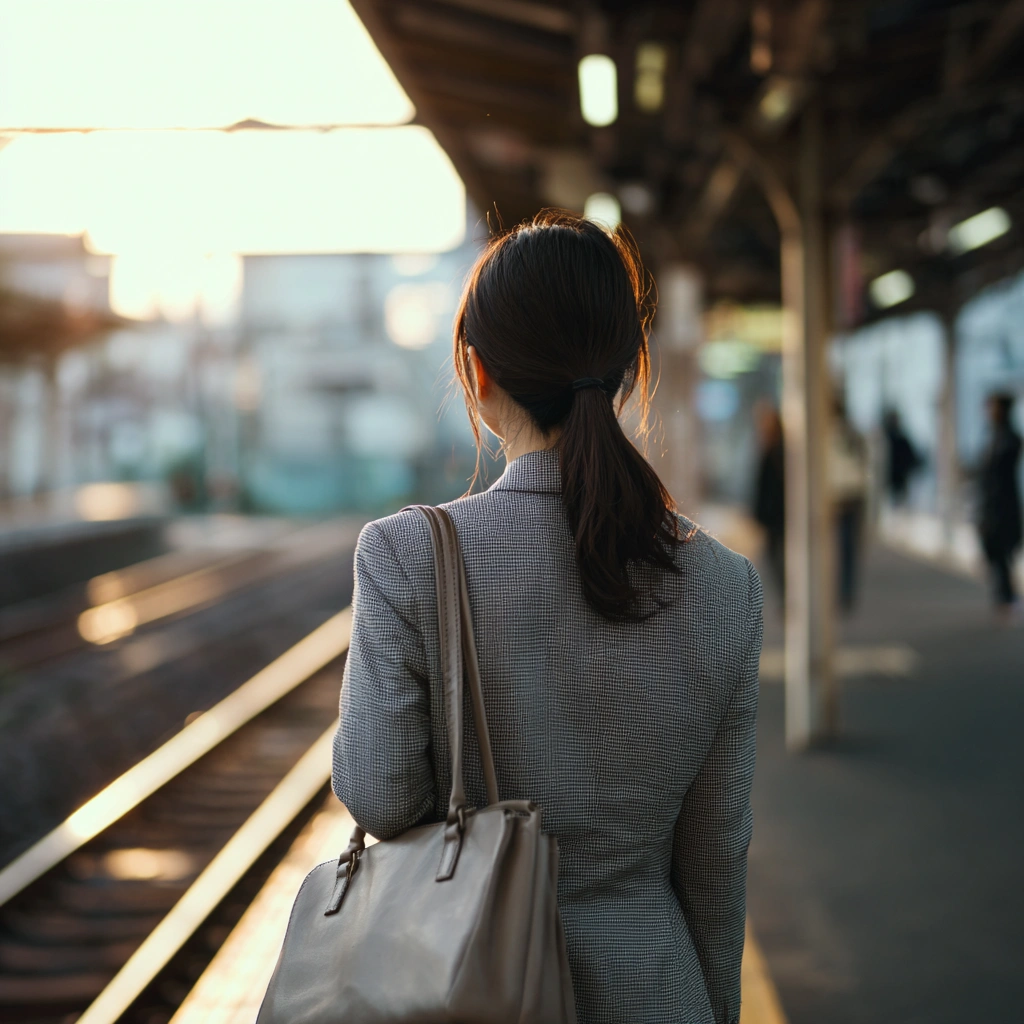 駅のホームに立つ女性の後ろ姿