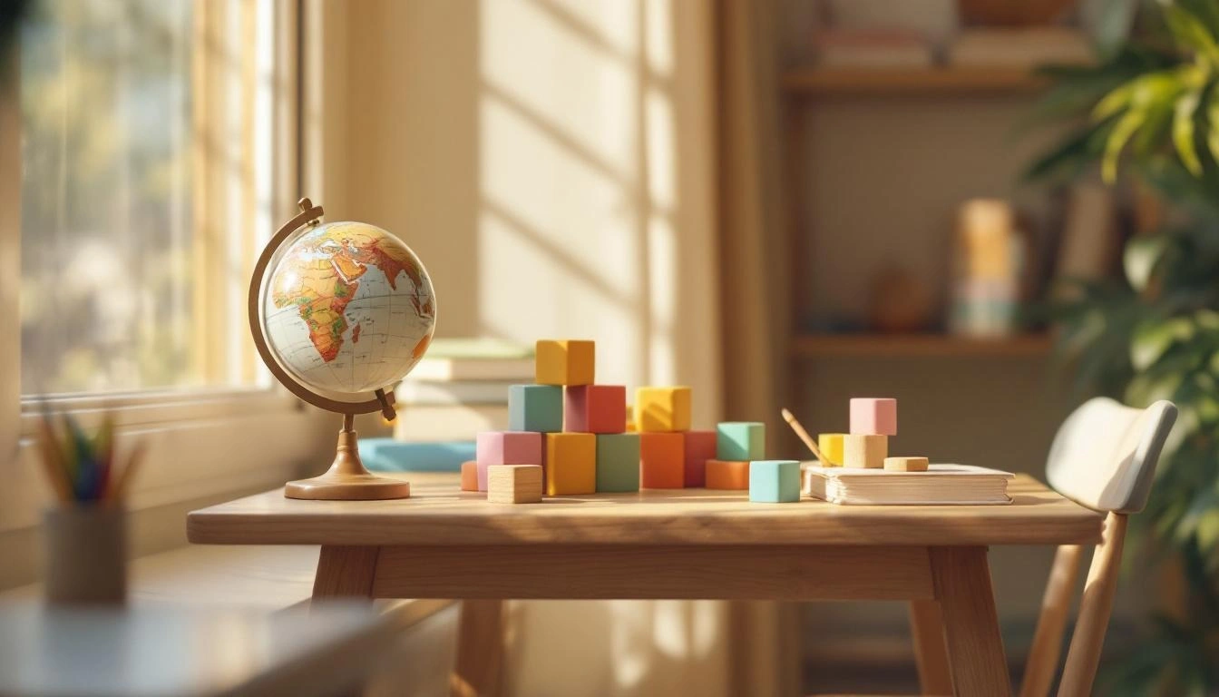 親子の学習デスクに置かれた地球儀