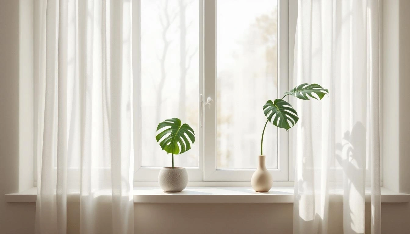 窓辺に置かれたリネンカーテンと観葉植物