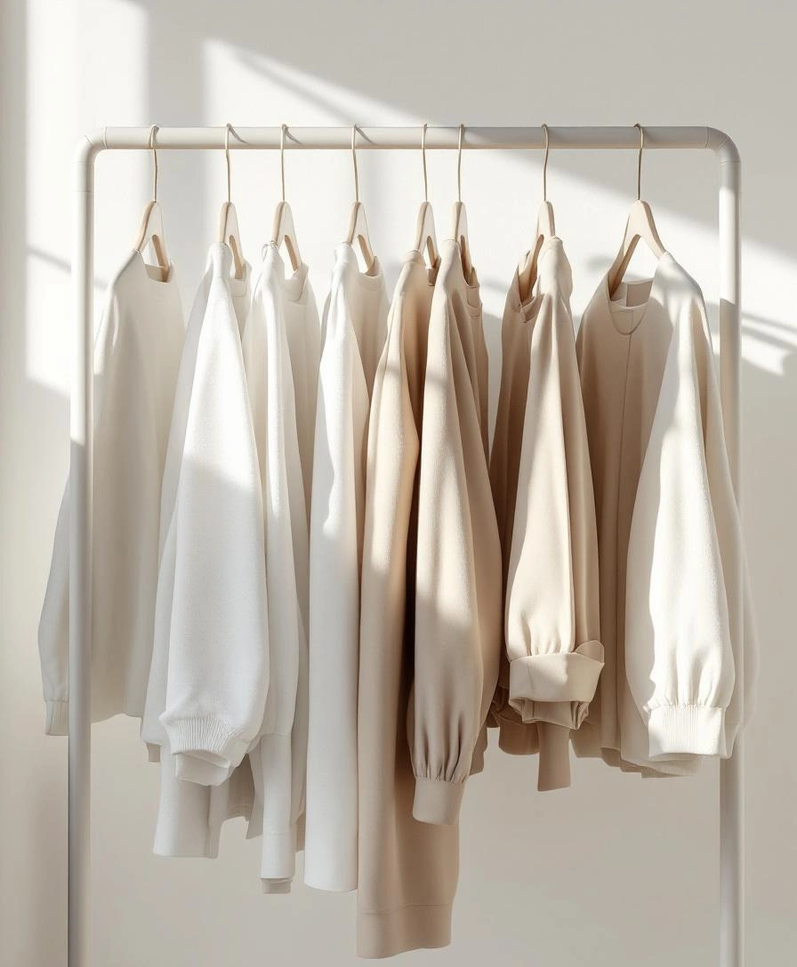 ハンガーラックのホワイト×ベージュ服並び