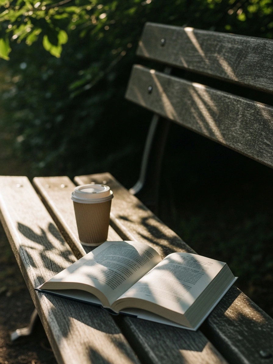 公園のベンチに置かれた本とコーヒーカップ