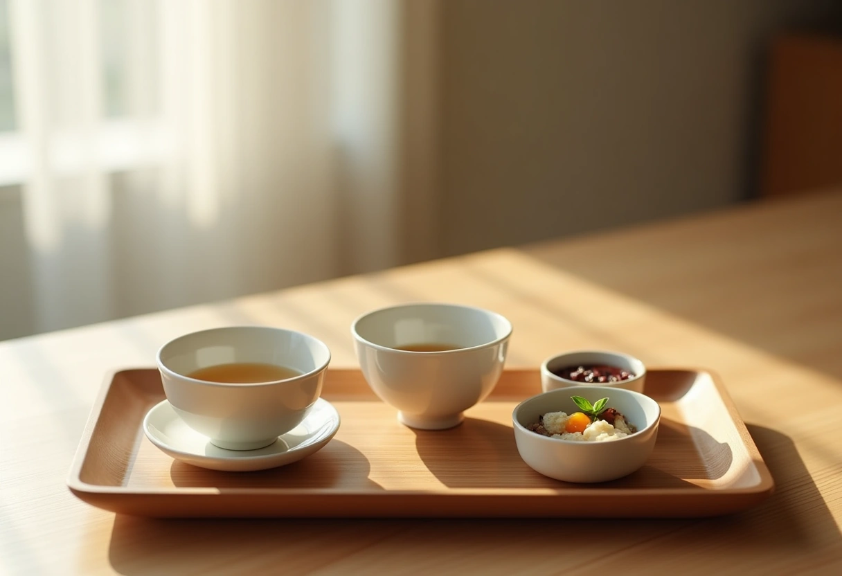 木のトレイに並ぶ和の茶器セット