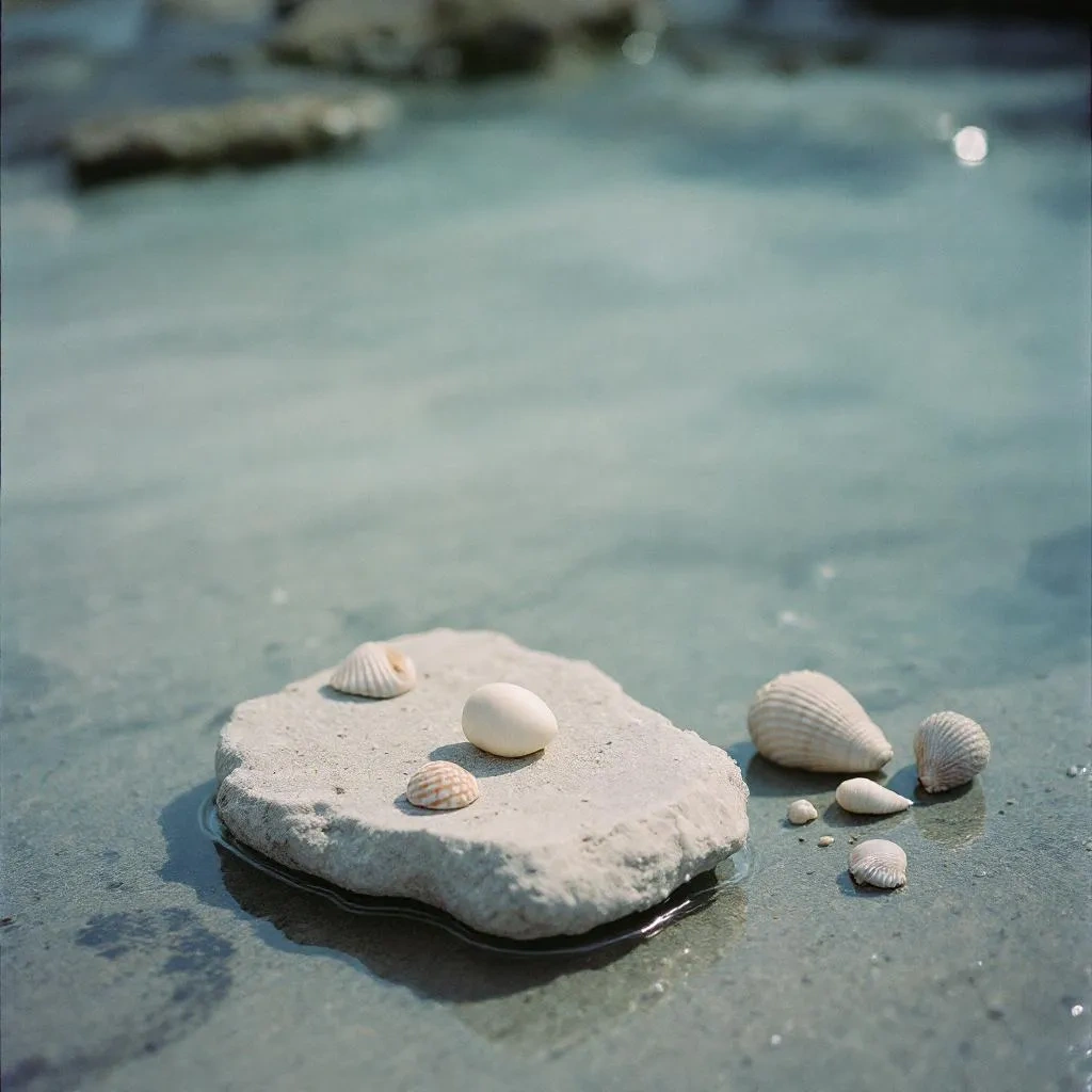 砂浜の貝殻と流木