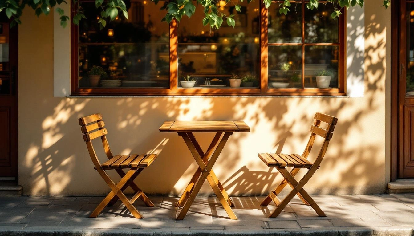 カフェテラスの木製テーブルと椅子（無人）
