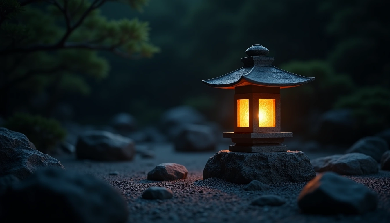 石灯籠と夕暮れの庭
