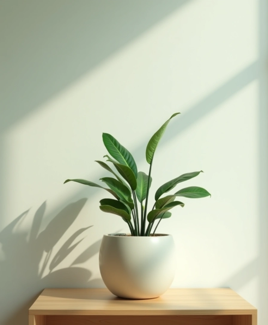 木のテーブルの陶器鉢と観葉植物