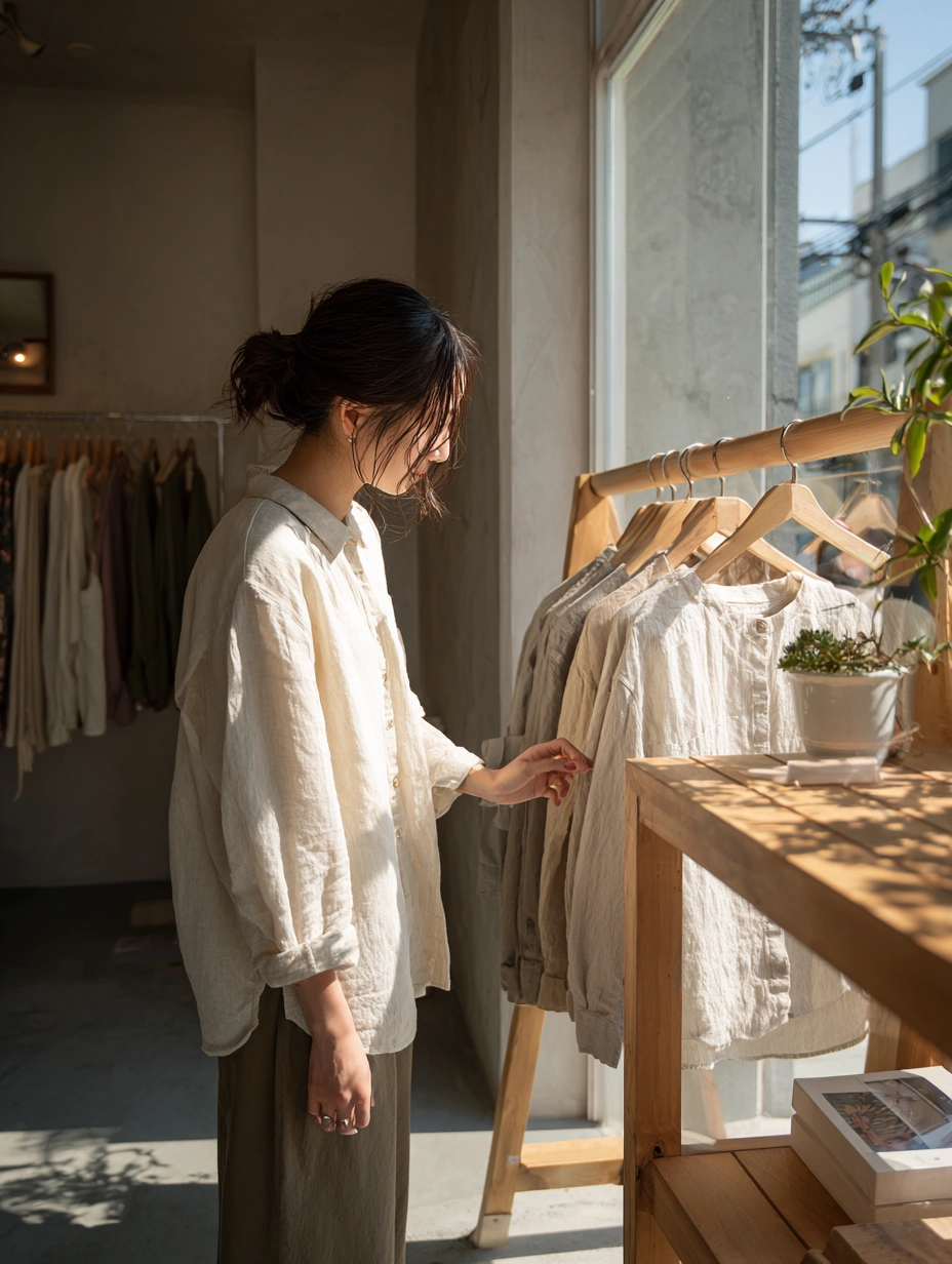 セレクトショップで服を選ぶ女性（窓辺）